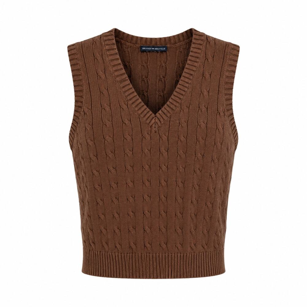 Brandy Melville Brown Cable Knit Sweater Vest V-Neck 100% Cotton One Size Preppy